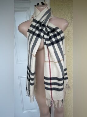 Burberry Cream Plaid Cashmere Scarf with Black and Burgundy Stripes